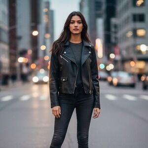 Dynamite Faux Leather Jacket Women Sz P/S Cropped Full Zip Side Panel Black Moto